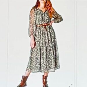 Lucky Brand Long Sleeve Peasant Tiered Maxi Dress in Raven Multi (XS) New w/Tag